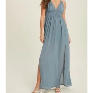 V-Neck Open Back Double Spaghetti Straps Maxi Dress in Dusty Blue